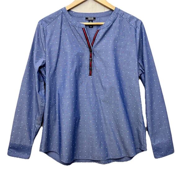 IZOD Blouse Top Women’s Size L LS Pop-over Blue W/Red & White Polka Dots Preppy - Picture 1 of 6